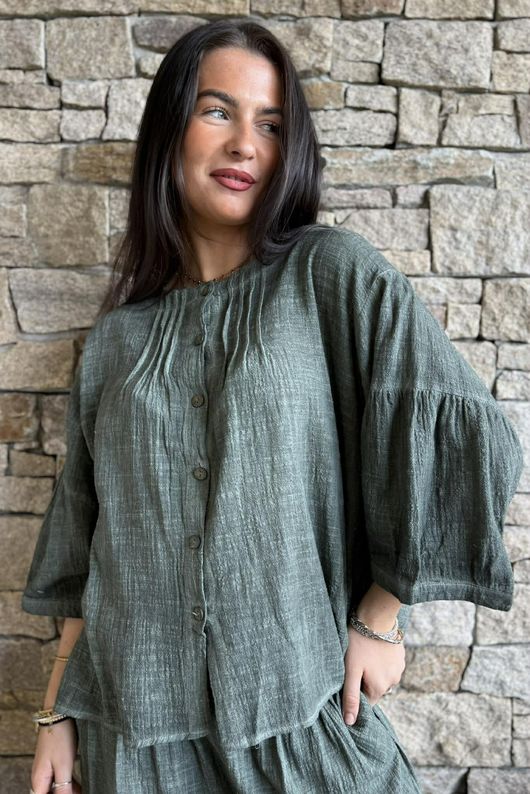 Loom & Thread Pin Tuck Blouse Washed Moss /40=